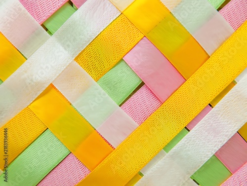 Diagonal woven pattern of colorful pastel ribbons creating a vibrant textured craft background