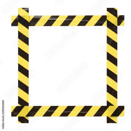 Square frame made of yellow and black hazard warning tape stripes for industrial safety and danger sign design