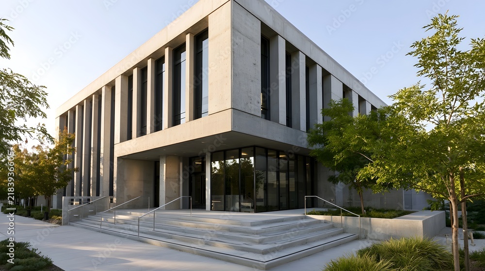 Obraz premium Modern concrete building with glass wide staircase and surrounding greenery under clear sky