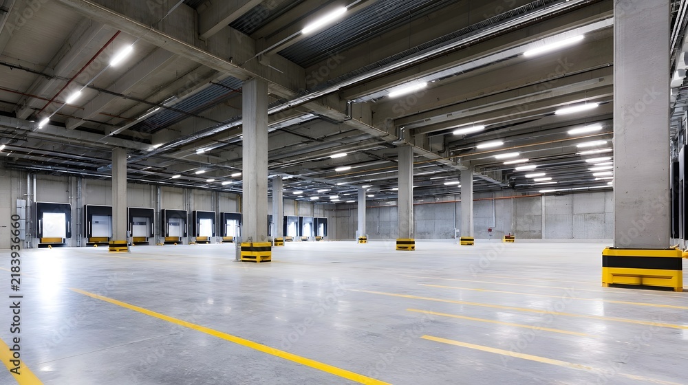 Obraz premium Large industrial warehouse interior with concrete pillars yellow safety markings and overhead lighting fixtures