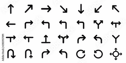 Minimalist road traffic direction arrow icons set