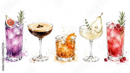 Watercolor Illustration of Various Cocktails and Wine Glasses Including Mojito, Sangria, and Aperol Spritz on White Background