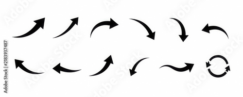 Various black curved arrow icons and a circular refresh reload symbol vector set