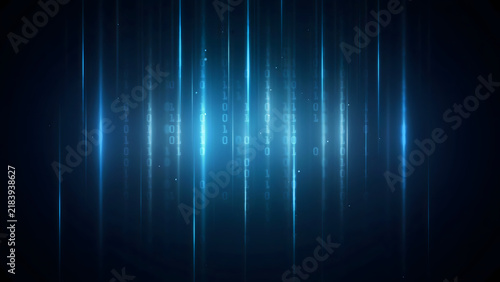 Abstract digital background, with vertical glowing, blue light streaks, and binary code, data particles floating, in a dark, technological space