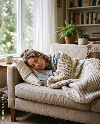 young woman sleeping and resting comfortably on a cozy couch at home wrapped in a knitted blanket - ai generated
