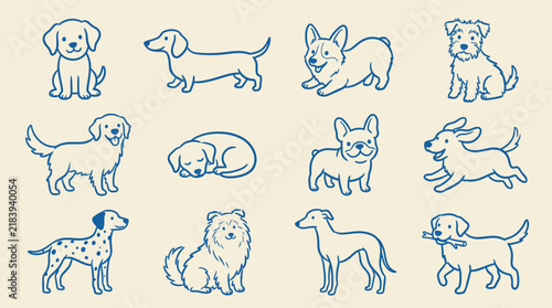 Minimalist dog breed line art collection, 12 cute puppy vector icons, blue outline pet illustrations for veterinary branding