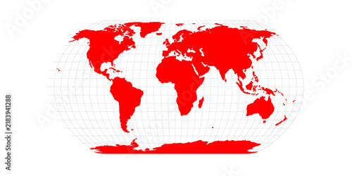Foto High-contrast vector world map featuring a solid red silhouette fill, distinct country borders, a detailed curved latitude-longitude coordinate grid, and Antarctica
