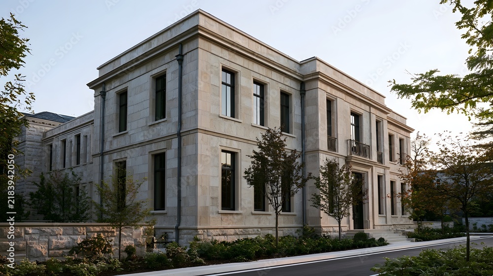 Obraz premium A grand stone building with tall and symmetrical design stands under soft daylight surrounded by trees and landscaped grounds