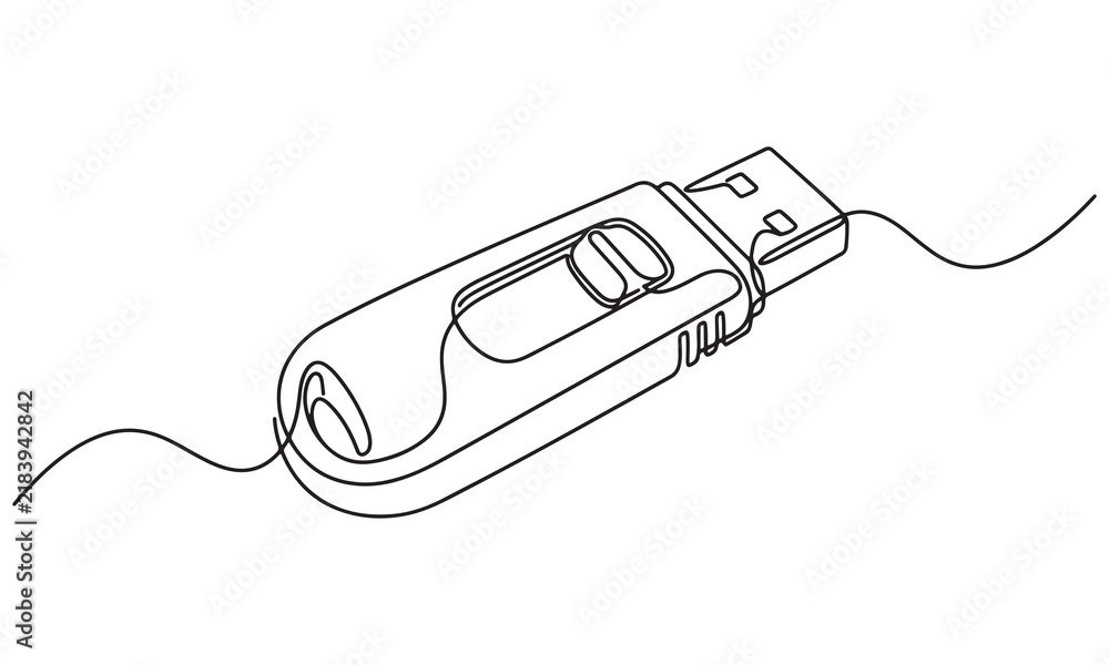 Obraz premium Continuous single line of a portable usb flash drive storage device, isolated on a white background, representing data storage, file transfer, and digital memory hardware technology