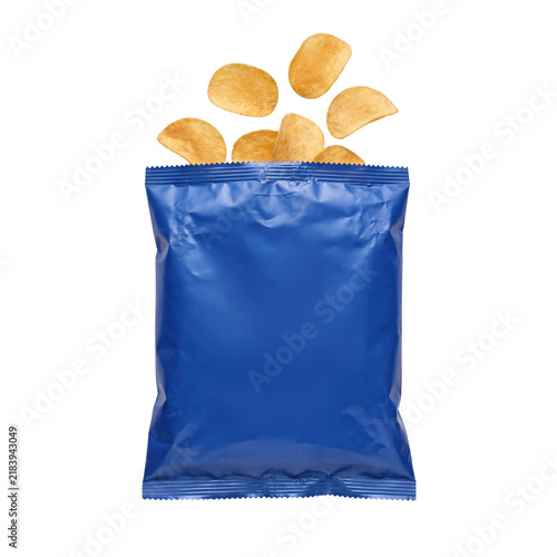 Chips bag isolated on a transparent or white background. Tasty movie theatre snack concept, crunchy potato fast food portion, delicious cinema leisure time and crispy fun junk meal.