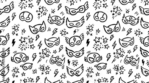Foto Hand-drawn superhero masks seamless pattern outline vector background coloring b