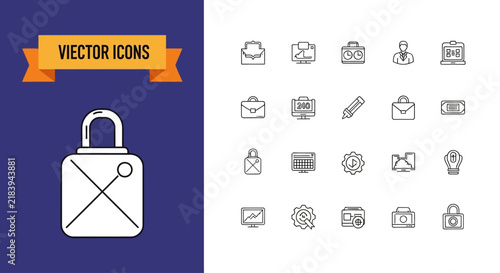 Set of Minimalist Line Art Business and Security Icons for Corporate Projects and Digital Interface Design
