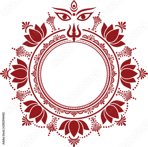 Durga Puja mandala frame with goddess eyes and trident icon