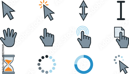 Cuadro en lienzo Mouse cursor and loading indicator vector icons set including arrow pointer hand