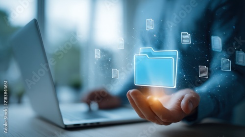 Digital document management with glowing folder icon