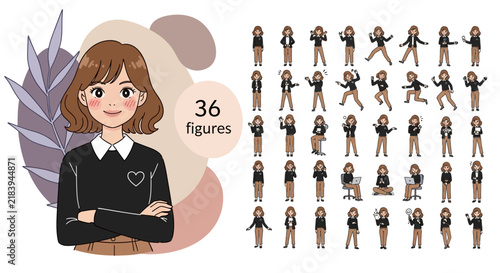 Set of thirty-six cute anime style young woman character poses featuring various expressions and activities in a casual professional attire