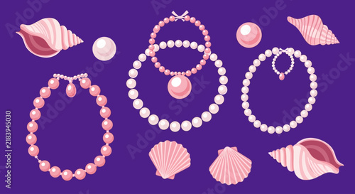 Elegant Pearl Necklace and Seashell Collection Digital Illustration Featuring Pink Gemstones and Nautical Elements on a Solid Purple Background