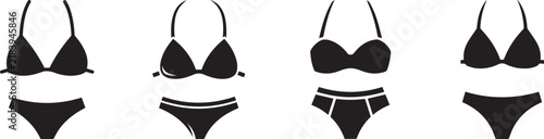 Two piece bikini swimsuit vector silhouette icon set