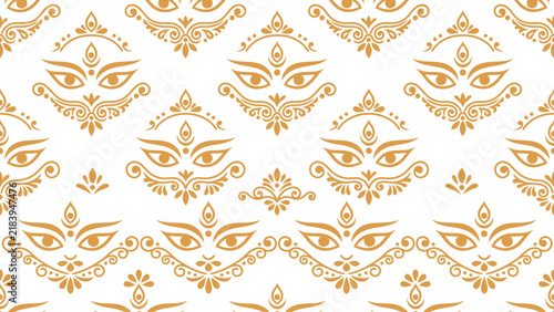 Golden Hindu goddess face motif seamless pattern on white background