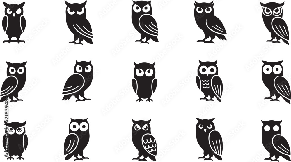 Obraz premium Black owl icons set, collection of silhouettes, bird vector symbols illustration