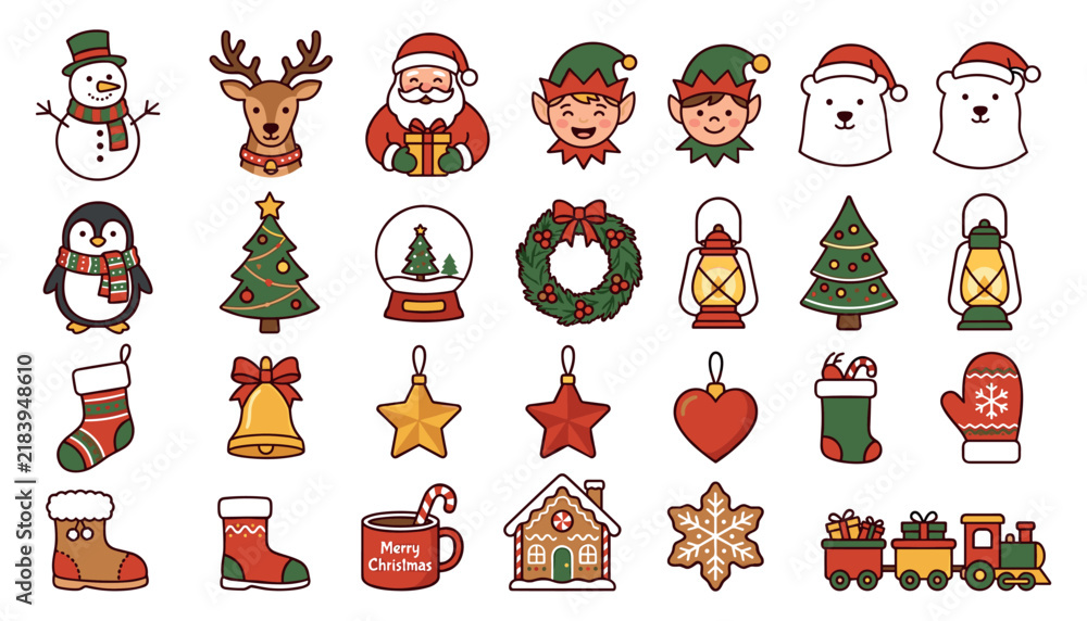 Fototapeta premium Cute Christmas icons set with Santa, snowman, reindeer, penguin, and decorations isolated on white background