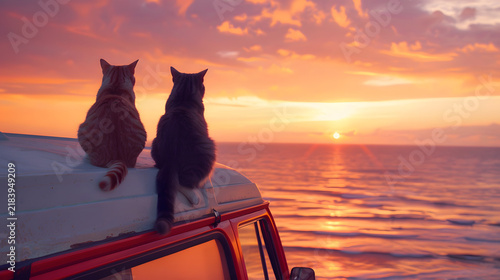 Two cats enjoy a breathtaking fiery sunset over the ocean from the roof of a vintage camper van, embodying peace and adventure by the sea.