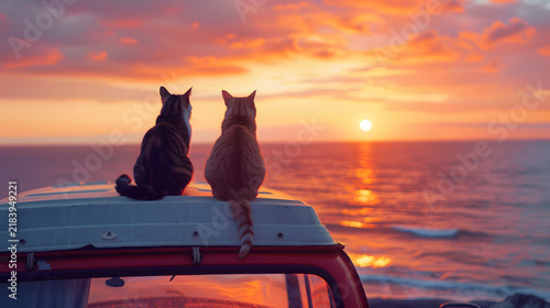 Two cats enjoy a breathtaking fiery sunset over the ocean from the roof of a vintage camper van, embodying peace and adventure by the sea.
