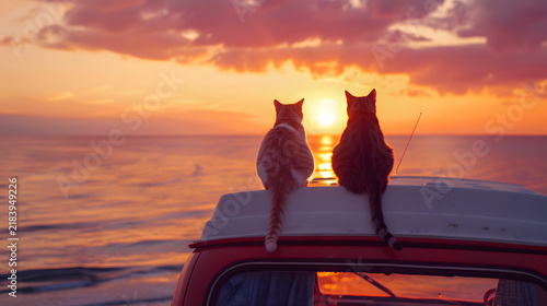 Two cats enjoy a breathtaking fiery sunset over the ocean from the roof of a vintage camper van, embodying peace and adventure by the sea.