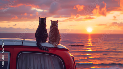 Two cats enjoy a breathtaking fiery sunset over the ocean from the roof of a vintage camper van, embodying peace and adventure by the sea.