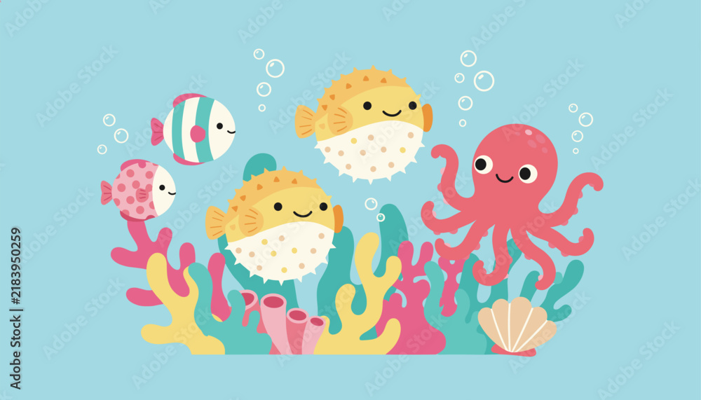 Obraz premium Adorable sea creatures including two pufferfish, an octopus, and small fish swimming above colorful coral reef.