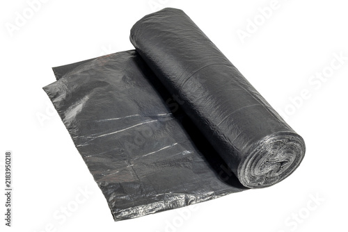 Foto Black plastic garbage bag roll household waste disposal packaging material