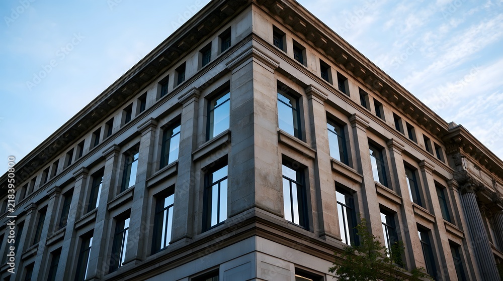 Obraz premium Corner view of a grand stone building with tall and classical architectural details under a partly cloudy sky