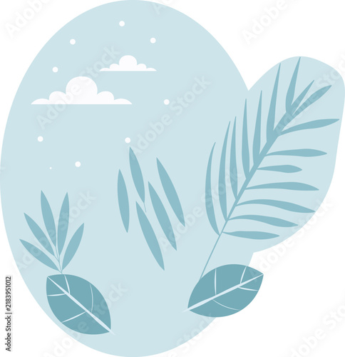 Minimalist tropical leaves and clouds in a blue sky