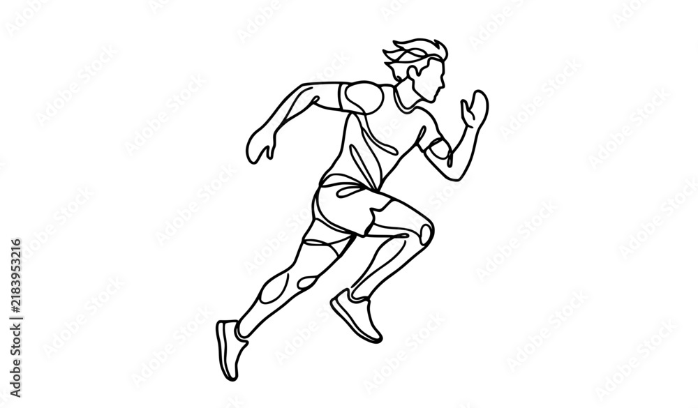 Fototapeta premium Dynamic continuous line art of man running toward viewer minimalist vector