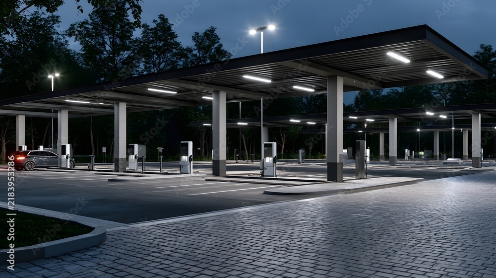 Obraz premium Modern electric vehicle charging station at dusk with illuminated canopy and paved parking area surrounded by trees