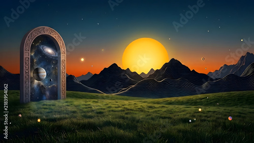 Surreal landscape with stone archway portal showing a galaxy and planet on green hills with wireframe mountains and large sun