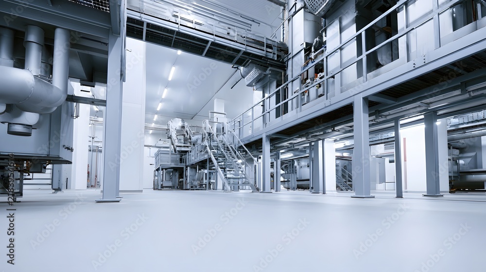 Obraz premium Modern industrial interior with elevated walkways metal structures and clean white surfaces under bright lighting
