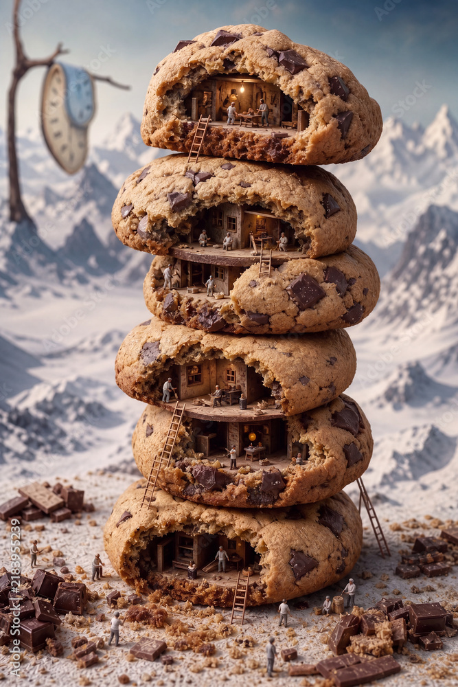 Obraz premium Whimsical fairytale cookie tower house with miniature figures and surreal melting clock for creative storytelling concept