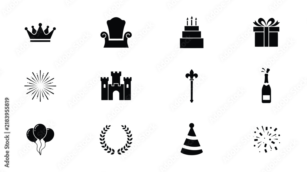 Naklejka premium Black and white celebration icons collection with representing celebration symbols symbols decorative elements collection twelve festive icon congratulations decoration with hat