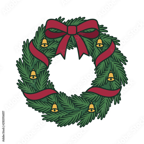 Festive Holiday Wreath with Bells and Red Bow Christmas Decoration