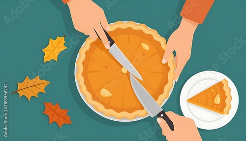 Hands cutting pumpkin pie, shared, serving dessert on a table