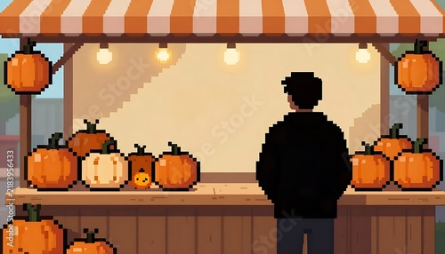 Pixel man at pumpkin market, browsing, standing by autumn harvest stall
