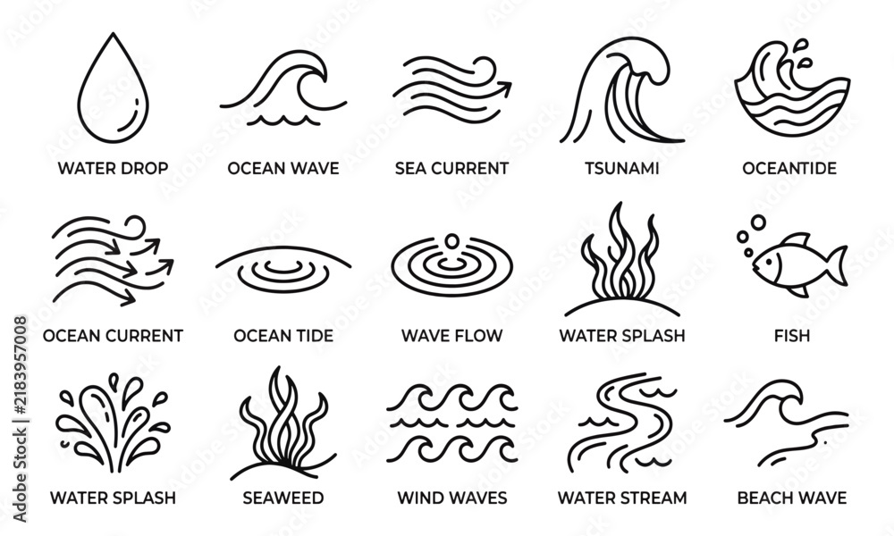 Obraz premium Ocean Waves and Water Stream Line Icons Sea Tide Wave Vector Set
