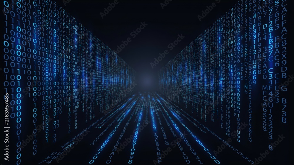 Fototapeta premium Digital tunnel with walls of cascading blue binary code numbers creating a sense of depth and movement through a dark virtual environment