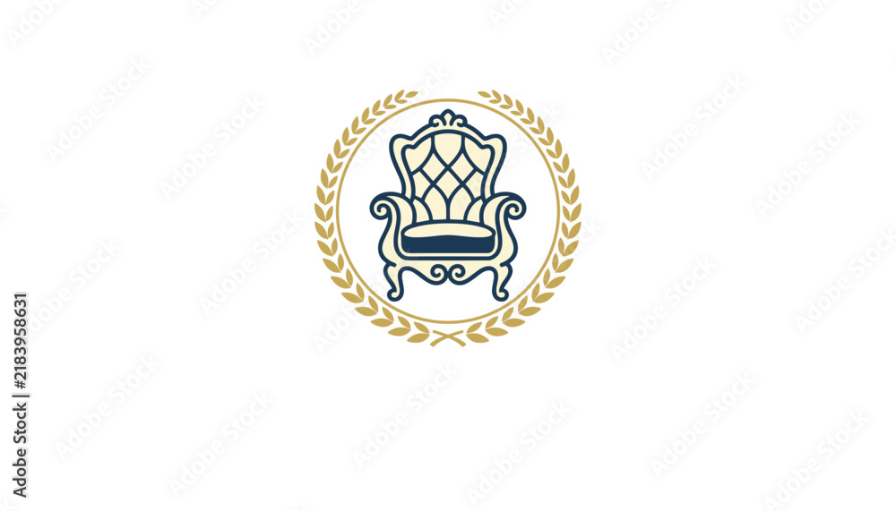 Fototapeta premium Traditional vintage armchair emblem with gold laurel wreath frame around it on clean white background.