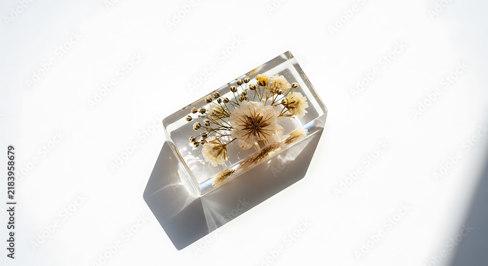 Fototapeta premium Clear resin block with preserved flowers, mockup, blank spaces for text
