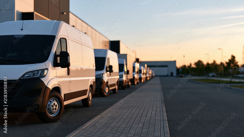 Obraz premium Logistics hub with multiple delivery vans in loading lanes at sunset