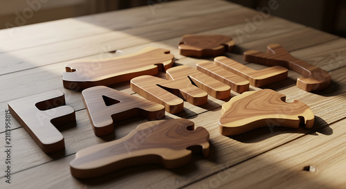 Wooden jigsaw puzzle letters spelling FACTORY mockup, blank spaces for text