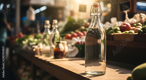 Empty glass bottle on rustic market table with fresh produce background mockup, blank spaces for text