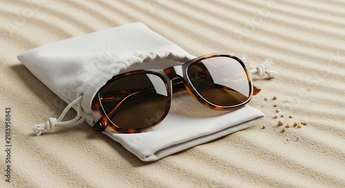 Stylish sunglasses in pouch on sandy beach mockup, blank spaces for text